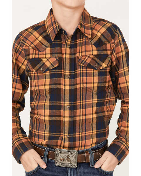 Image #3 - Cody James Boys' Plaid Print Long Sleeve Snap Western Flannel Shirt, Brown, hi-res