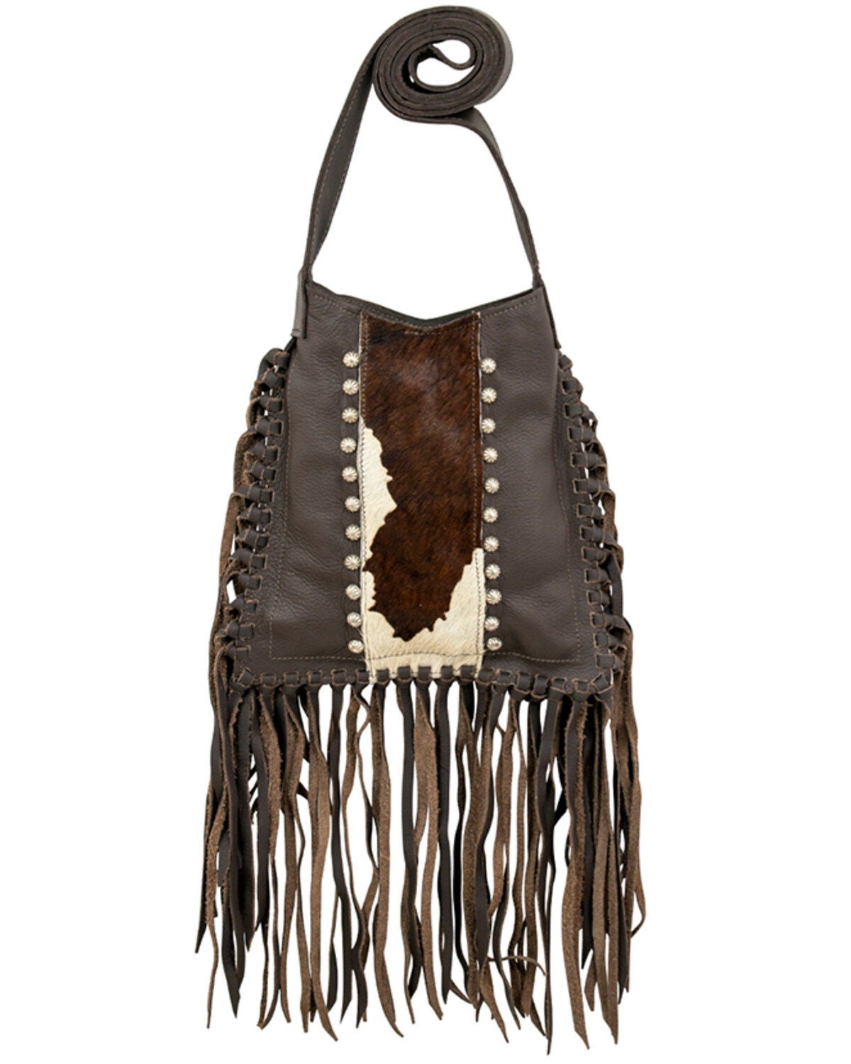 American West Women's Hair-On Fringe Crossbody Messenger, Chocolate, hi-res