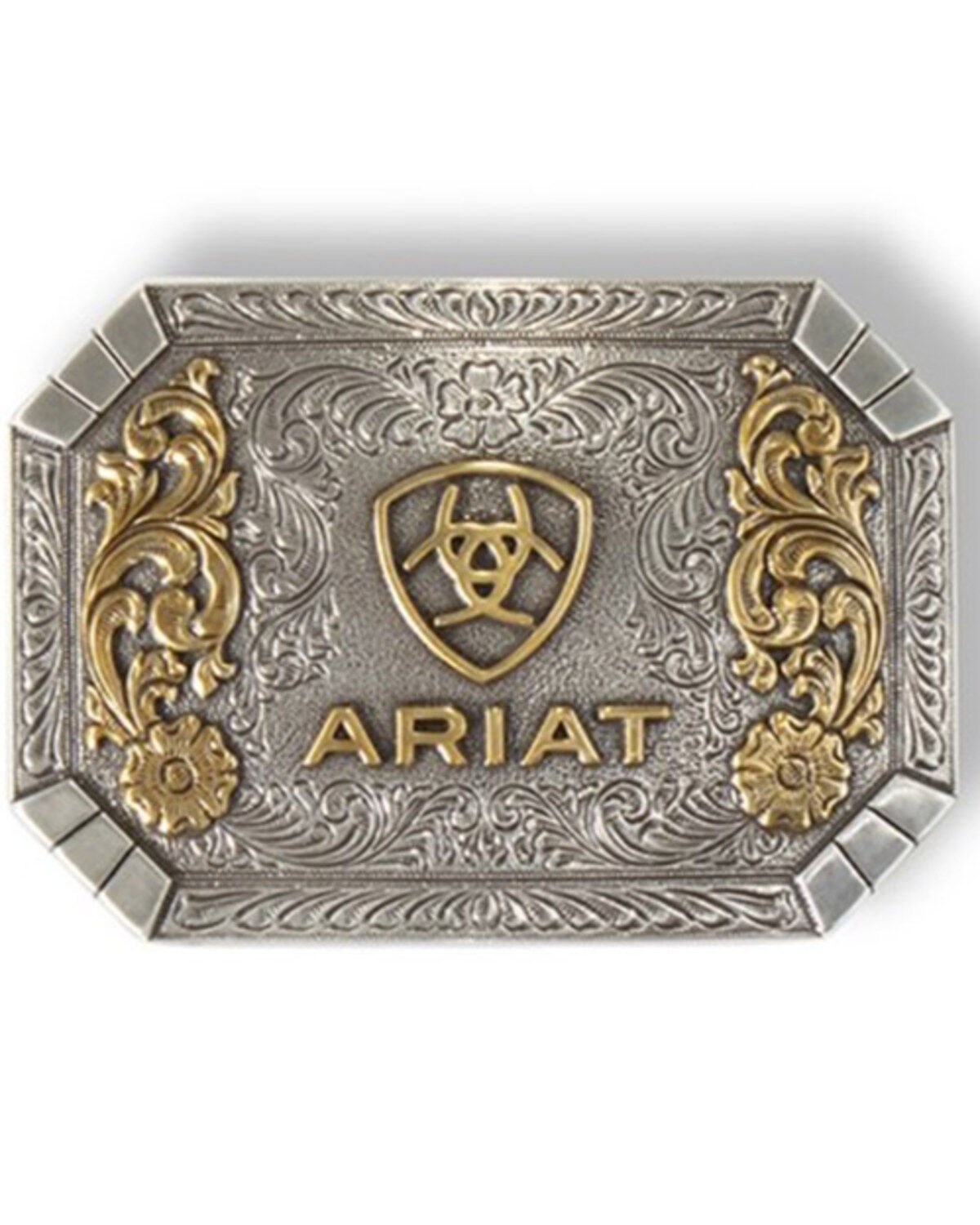 Image #1 - M & F Western Men's Silver Rectangular & Gold Floral Emblem Belt Buckle, Silver, hi-res