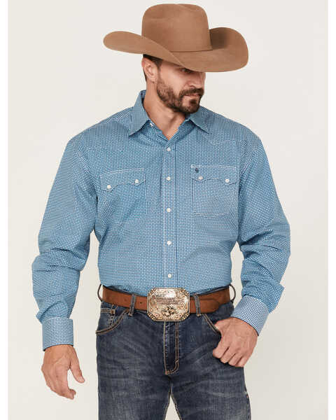 Stetson Men's Micro Chip Geo Print Long Sleeve Pearl Snap Western Shirt , Blue, hi-res