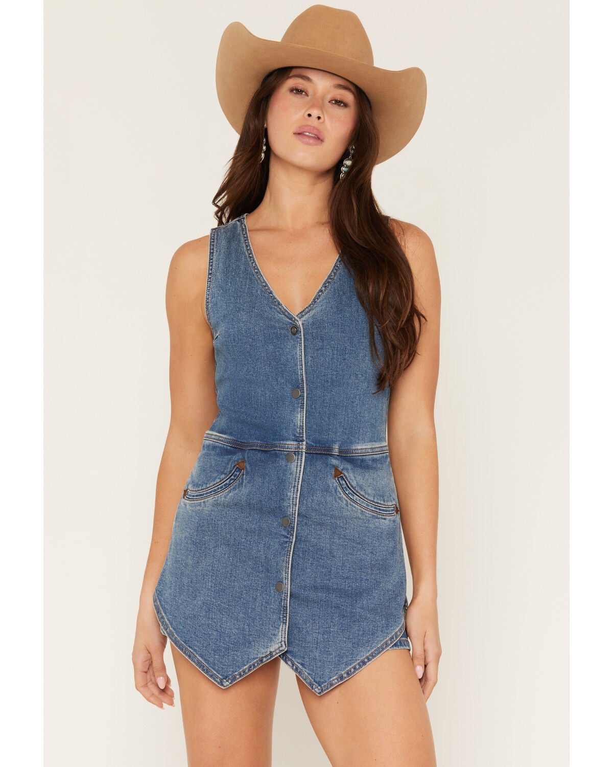 Rock & Roll Denim Women's Sleeveless Denim Vest Romper, Medium Wash, hi-res