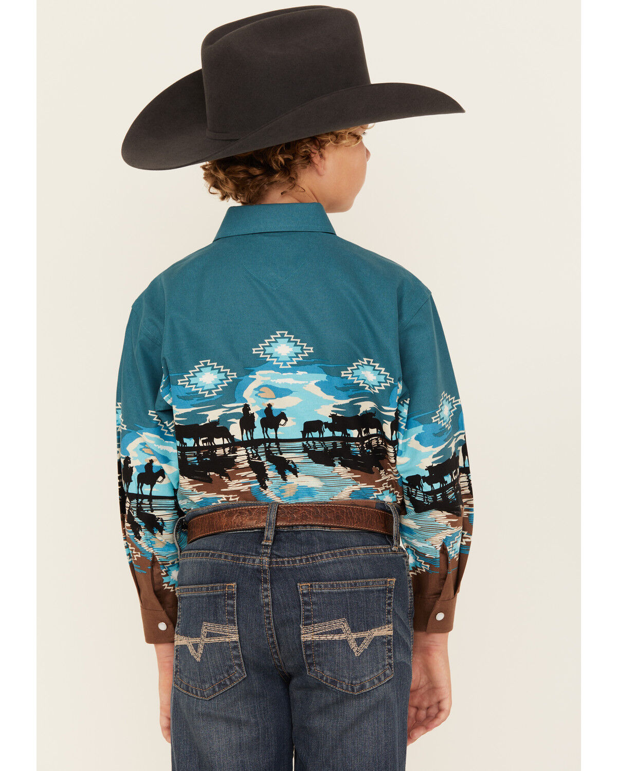 Image #4 - Panhandle Boys' Cowboy Border Print Long Sleeve Snap Western Shirt, Teal, hi-res