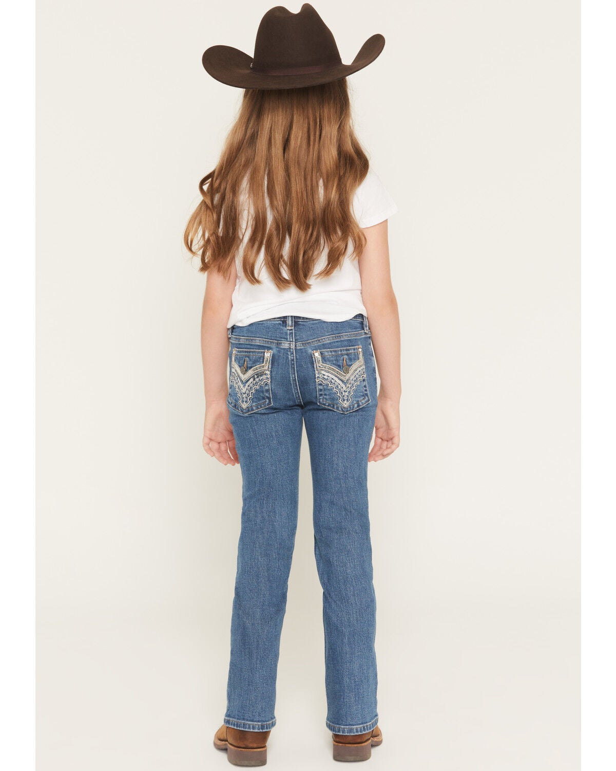 Image #1 - Shyanne Girls' Rome Dark Wash Embellished Pocket Bootcut Stretch Denim Jeans, Dark Wash, hi-res