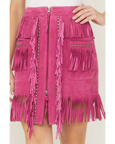 Double D Ranch Women's Chaperros Fringe Suede Skirt, Pink, hi-res