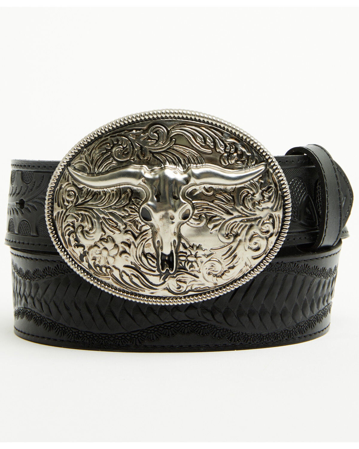 Idyllwind Women's Denver Embossed Leather Steer Head Buckle Belt, Black, hi-res