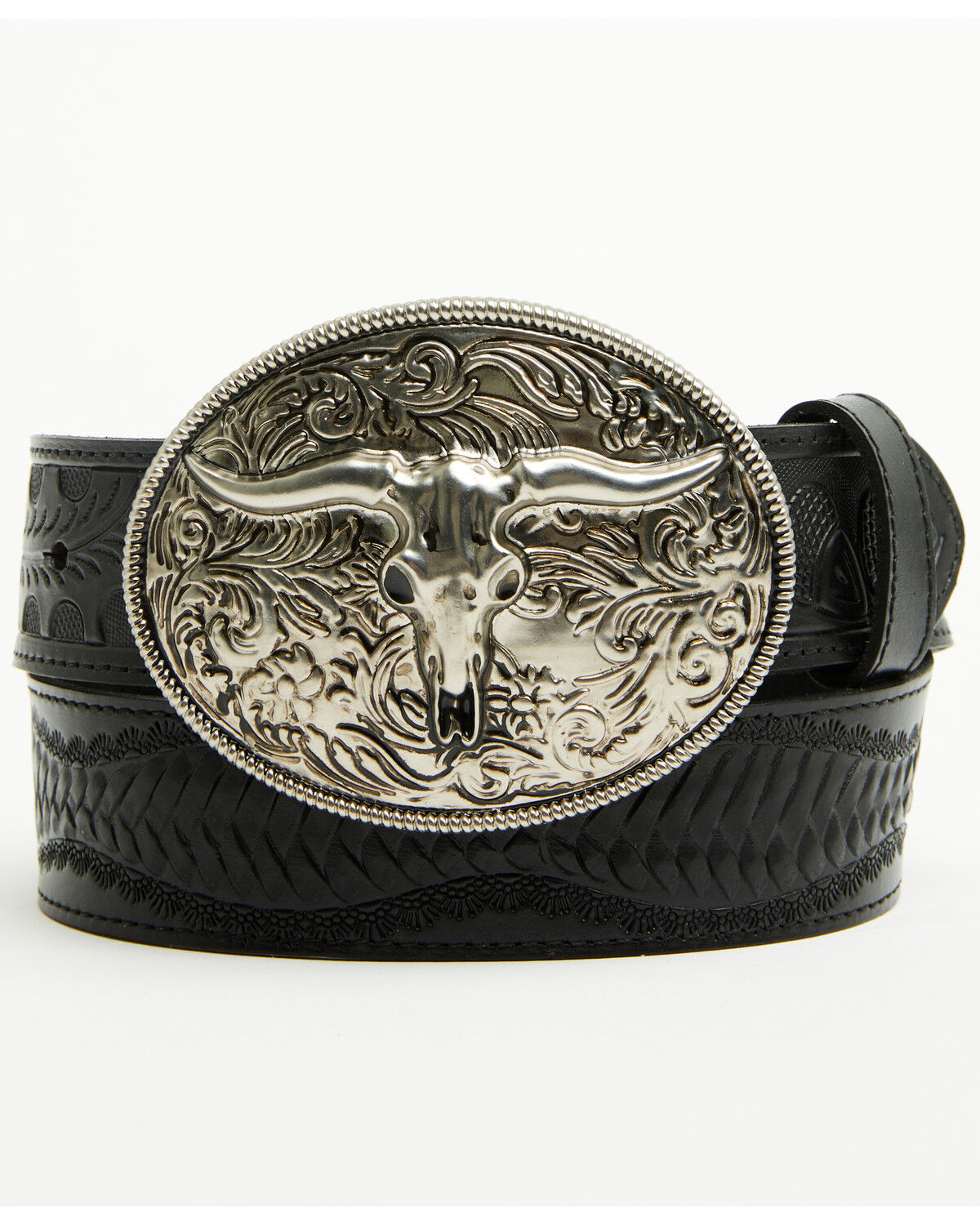 Image #1 - Idyllwind Women's Denver Embossed Leather Steer Head Buckle Belt, Black, hi-res