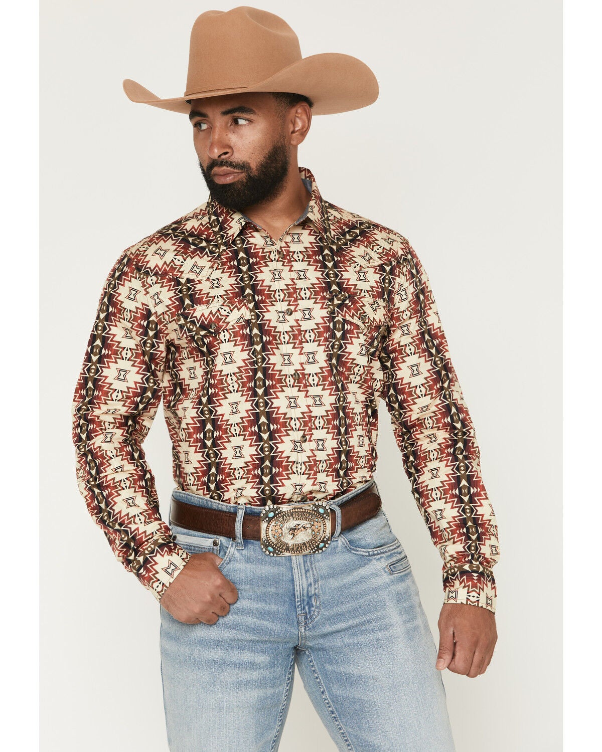 Image #1 - Cody James Men's Thatcher Southwestern Print Long Sleeve Snap Western Shirt, Rust Copper, hi-res