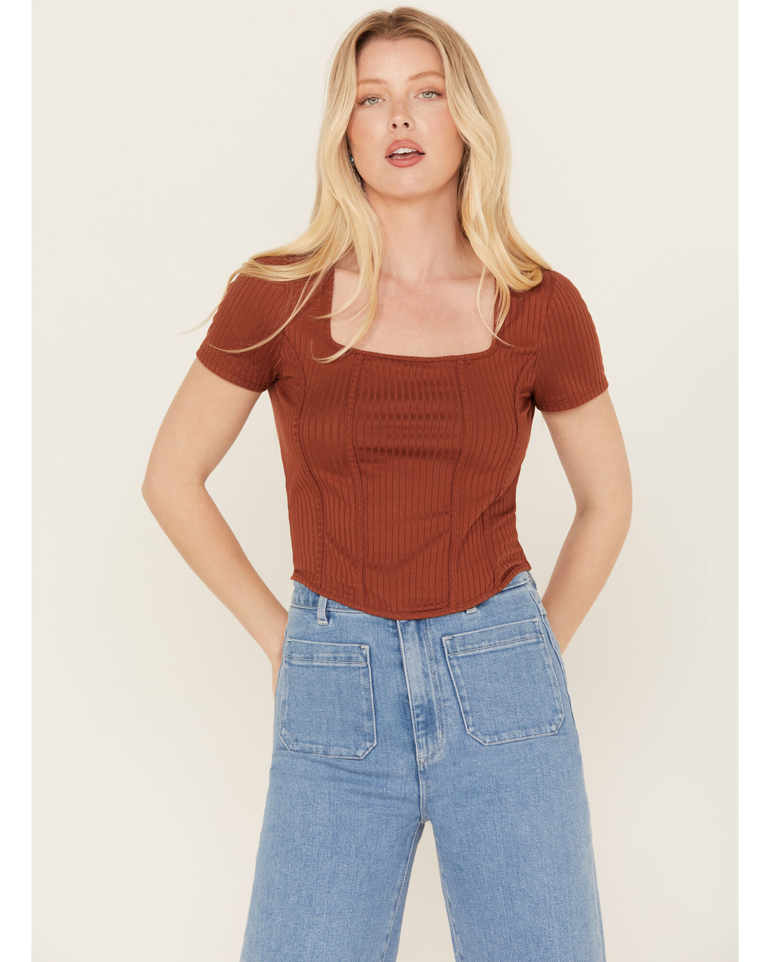 Moa Moa Women s Ribbed Corset Style Short Sleeve Top Boot Barn