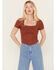 Image #1 - Moa Moa Women's Ribbed Corset Style Short Sleeve Top, Red, hi-res