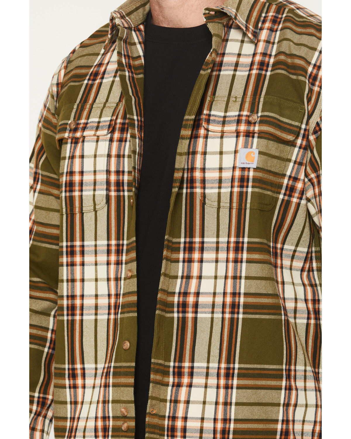 Image #3 - Carhartt Men's Heavyweight Plaid Print Long Sleeve Button-Down Flannel Shirt, Green/brown, hi-res