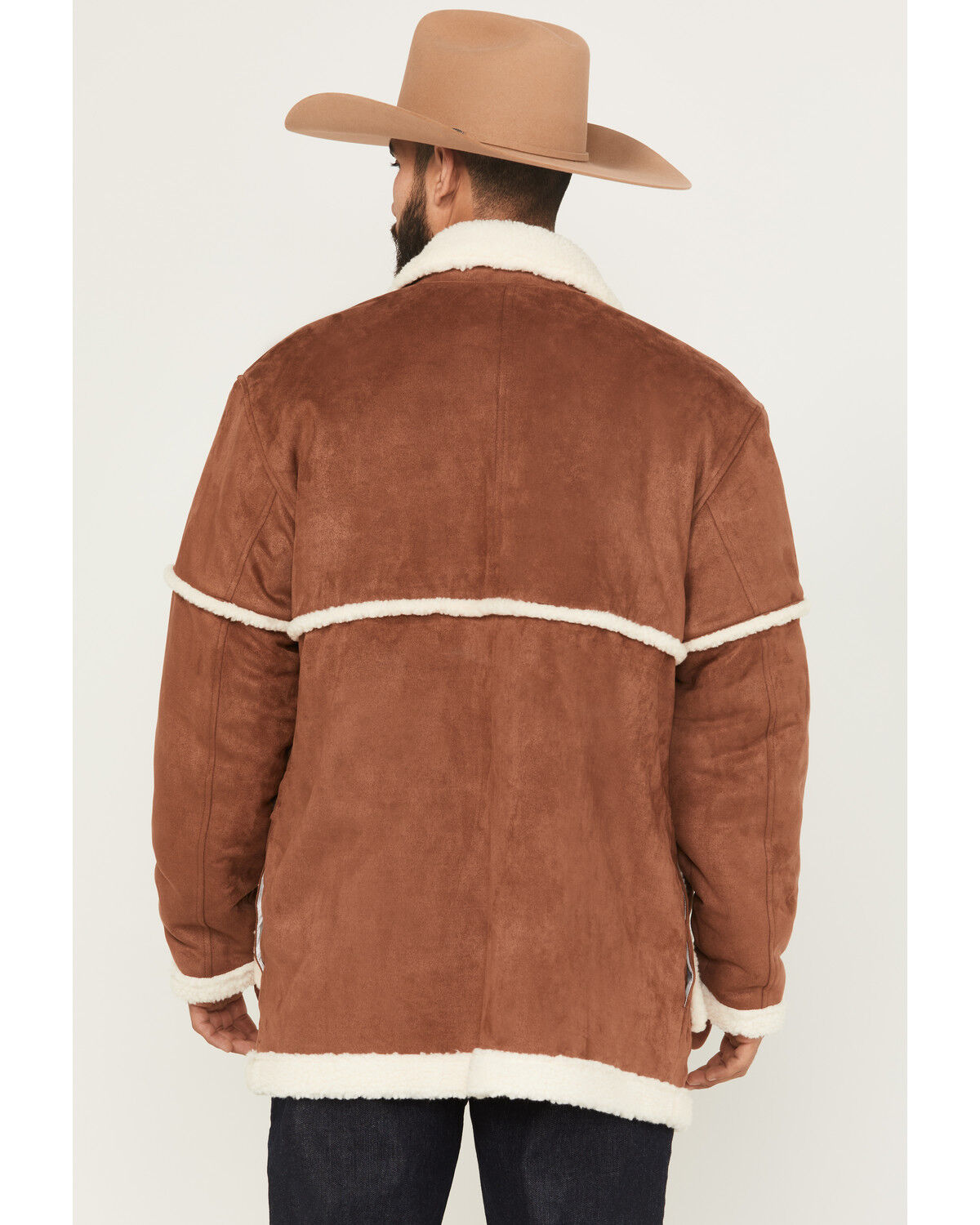 Image #4 - Wrangler Men's Faux Suede Sherpa Lined Button Down Jacket, Camel, hi-res