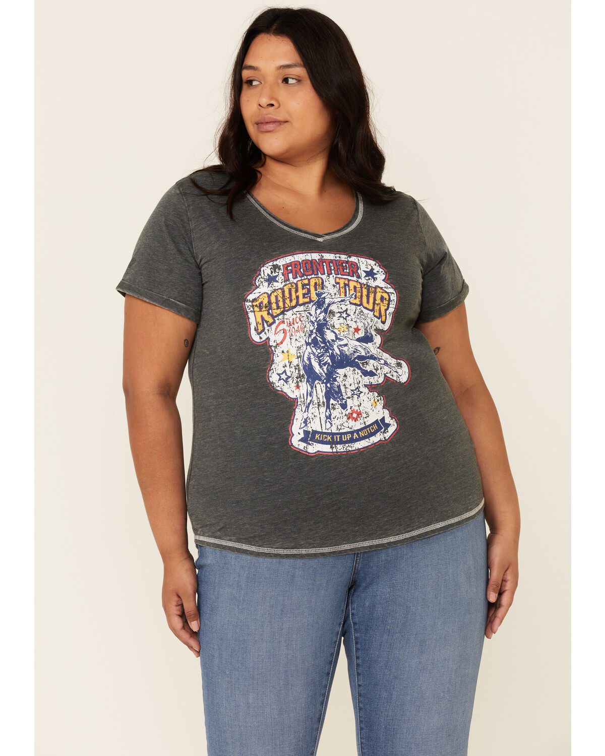 Image #1 - Panhandle Women's Thyme Rodeo Tour Short Sleeve Graphic Tee - Plus, Charcoal, hi-res