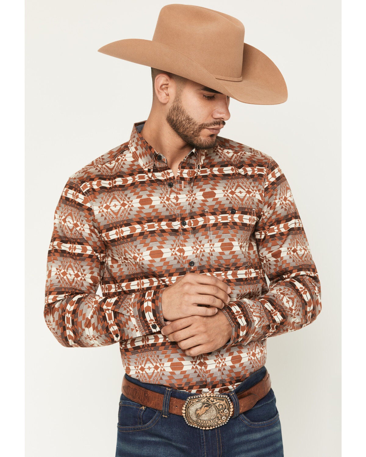 RANK 45&reg; Men's Mountain Shadow Southwestern Print Long Sleeve Button-Down Stretch Western Shirt, Tan, hi-res