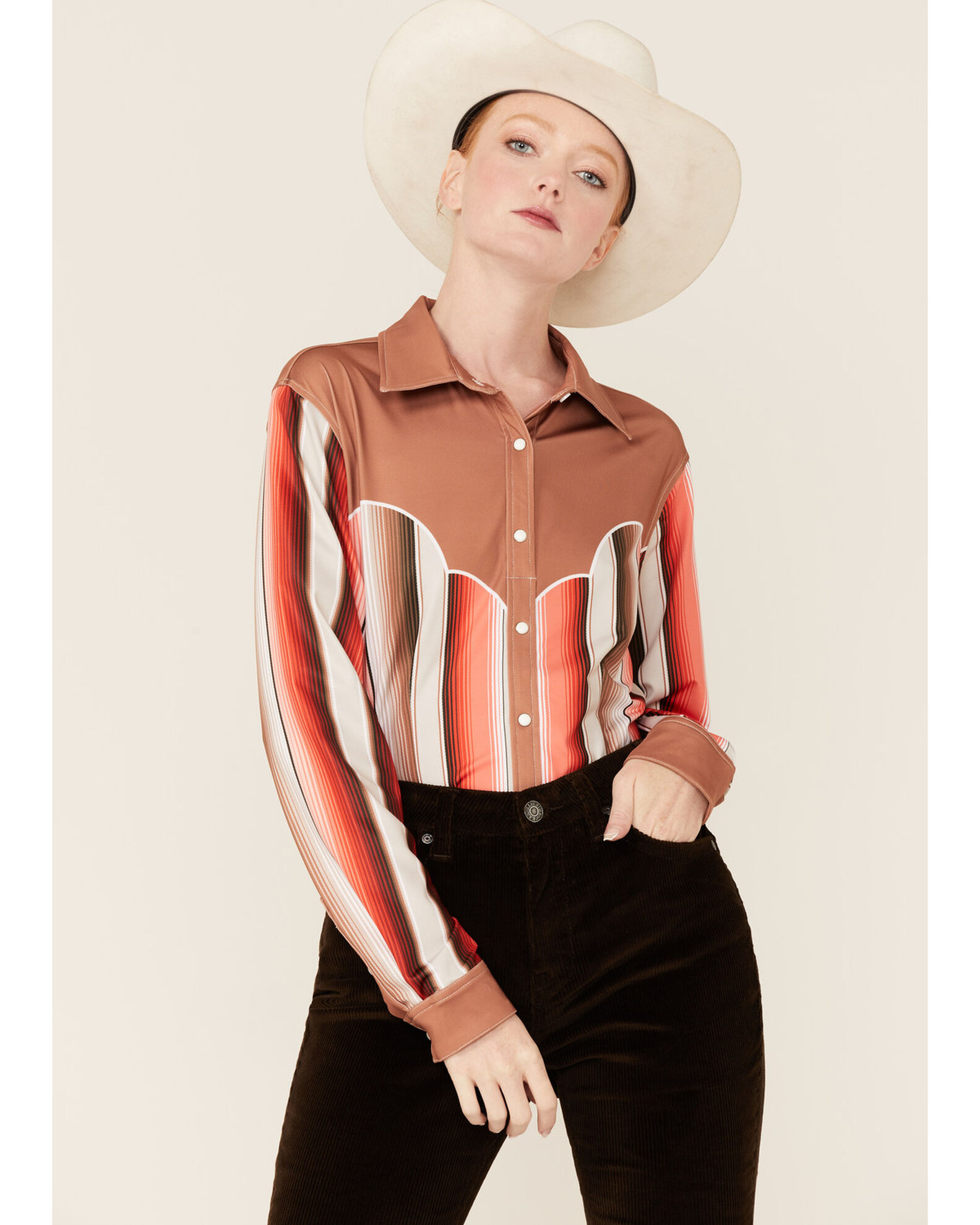 Women s Ranch Dress n Serape Stripe Long Sleeve Button Down Western Sh