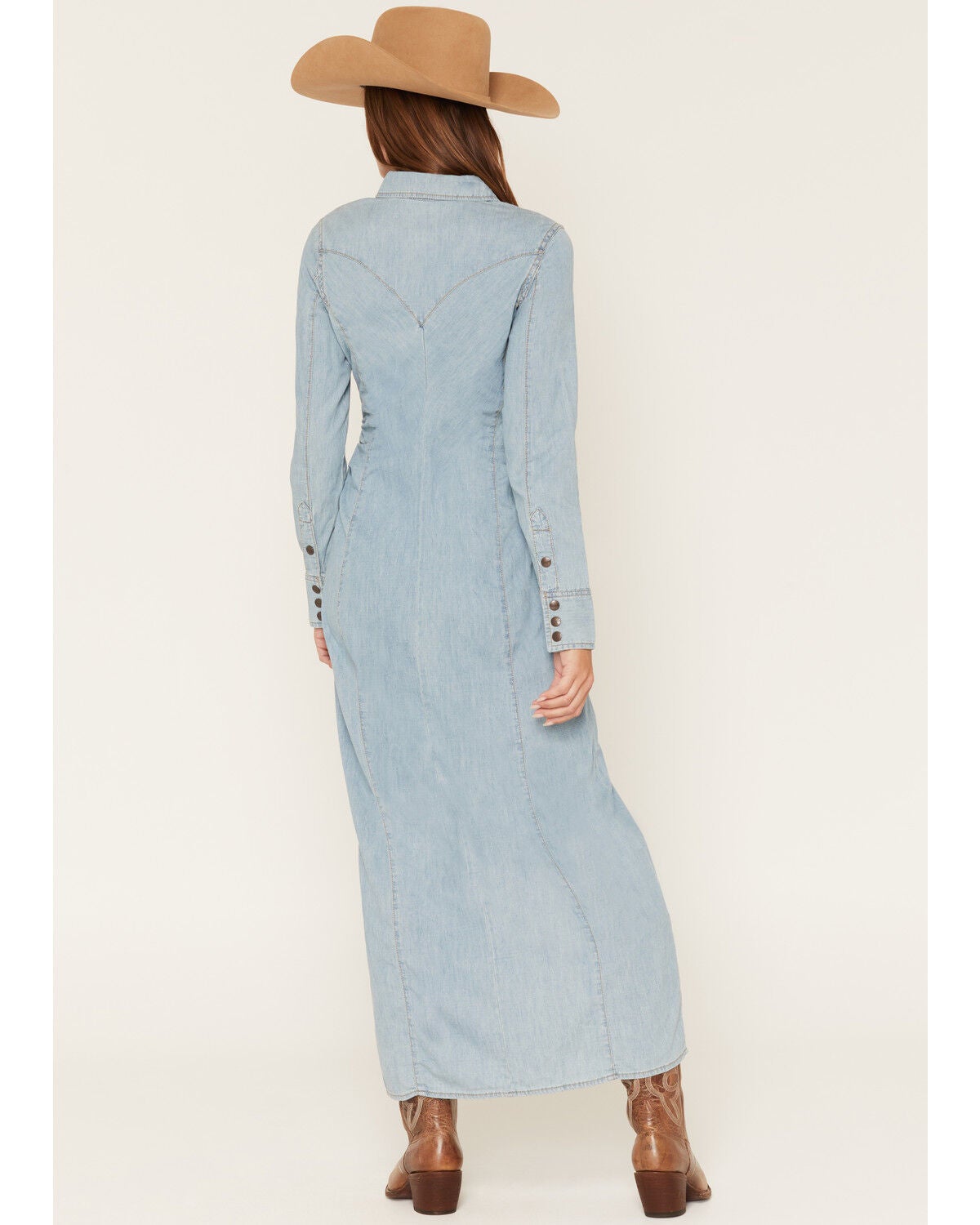 Image #4 - Wrangler Women's Light Wash Long Sleeve Cinched Waist Maxi Dress, , hi-res