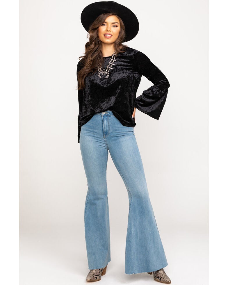 Wrangler Women S Black Crushed Velvet Bell Sleeve Top Boot Barn