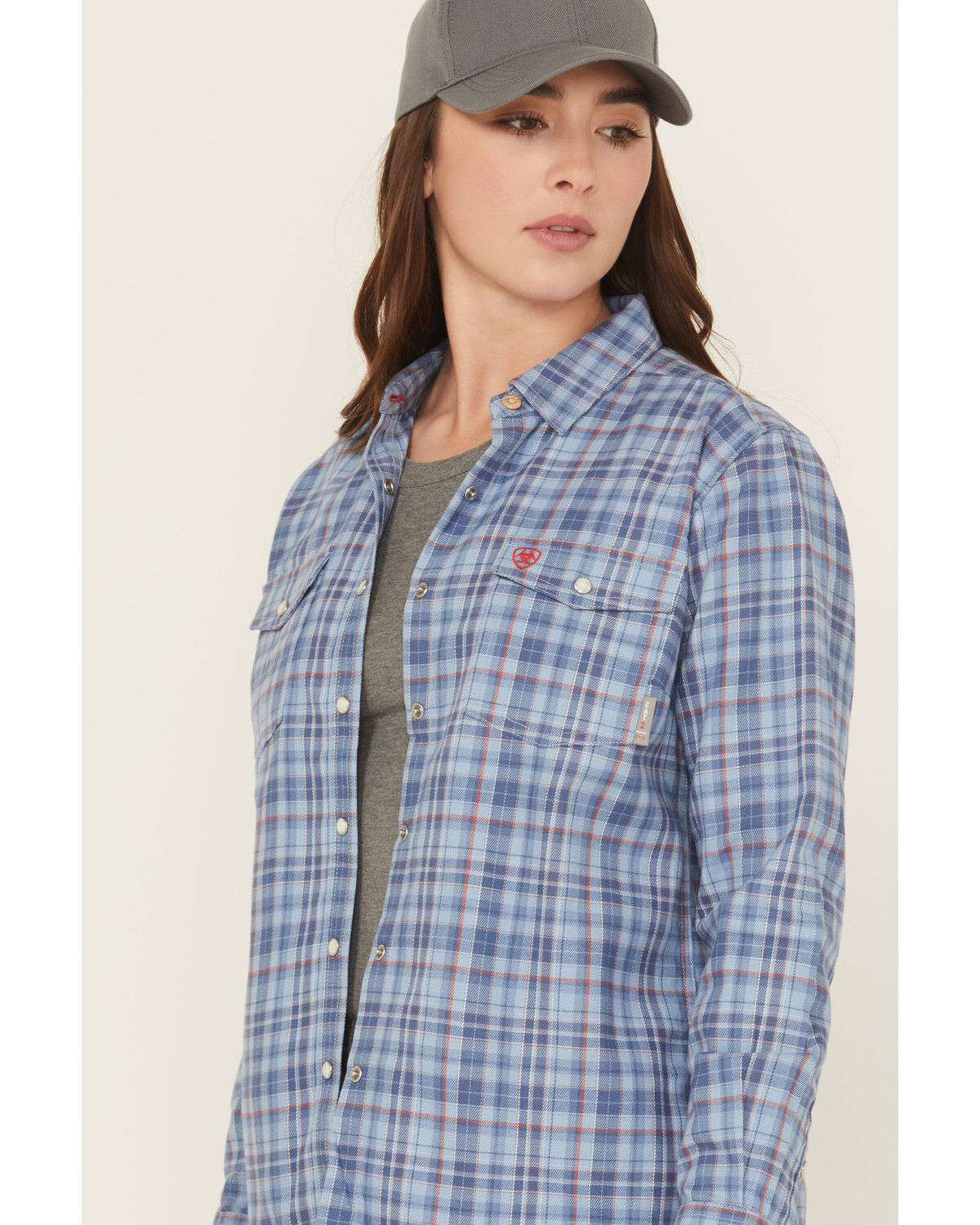 Image #2 - Ariat Women's FR Laurel Plaid Print Long Sleeve Snap Work Shirt, Blue, hi-res