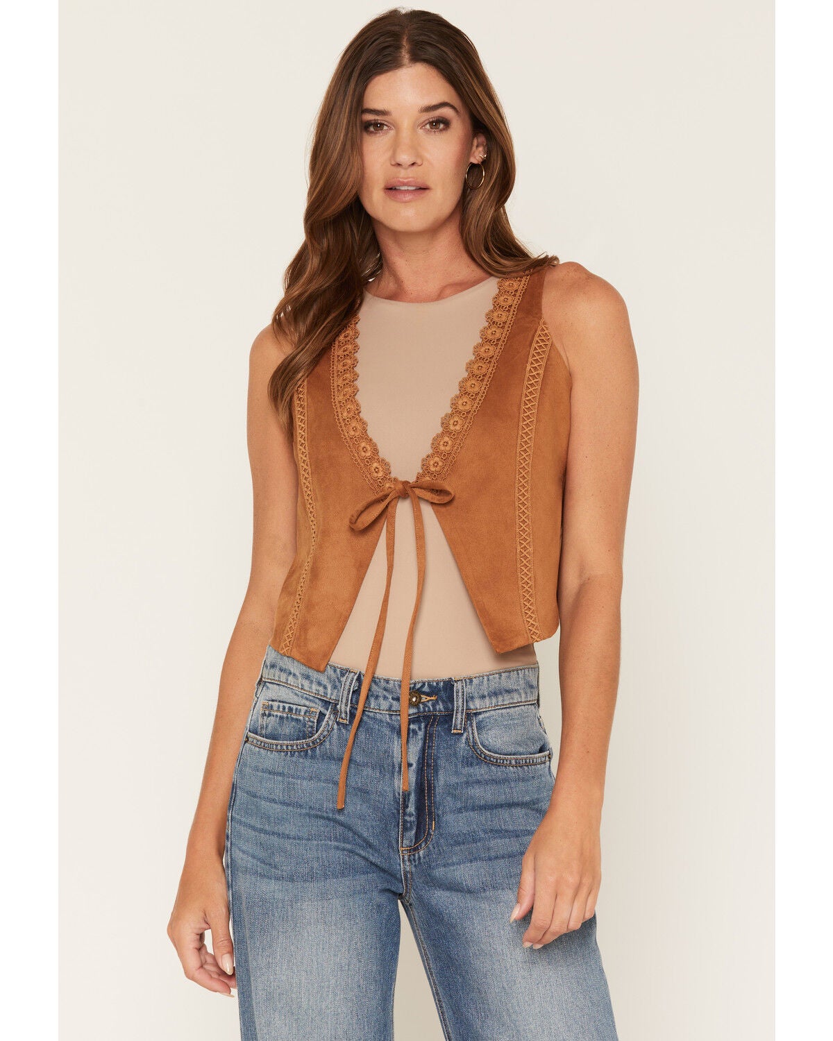 Image #1 - Fornia Women's Boot Barn Exclusive Faux Suede Fitted Lace Vest, Camel, hi-res