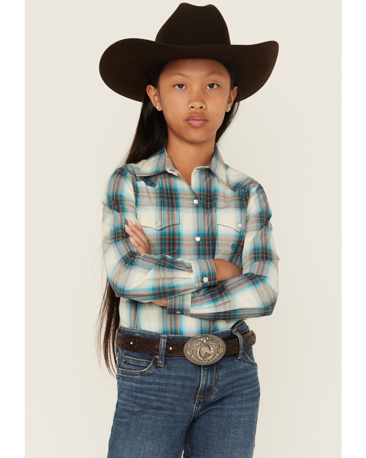 Roper Girls' Plaid Print Long Sleeve Snap Western Shirt, Brown, hi-res