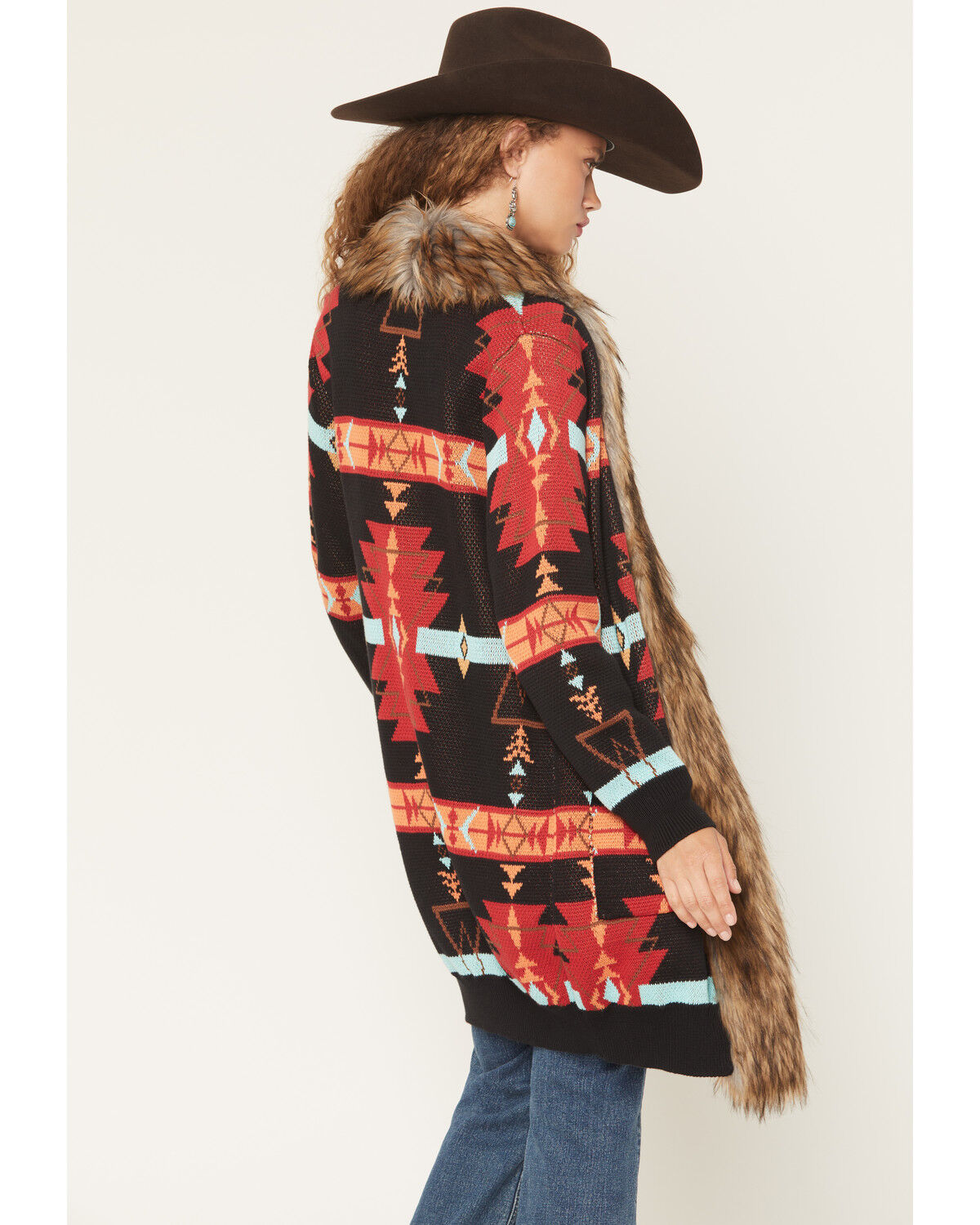 Panhandle Women's Southwestern Print Faux Fur Trim Cardigan