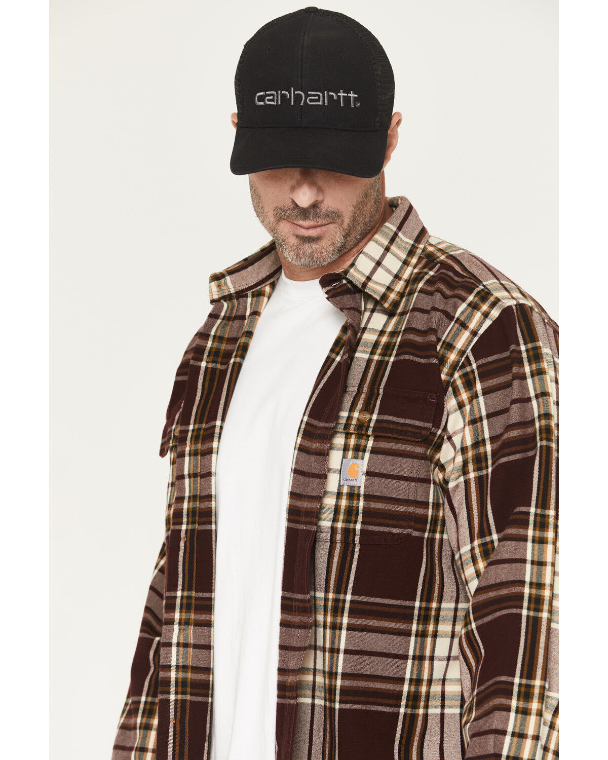 Image #2 - Carhartt Men's Heavyweight Plaid Print Long Sleeve Button-Down Flannel Shirt, Wine, hi-res
