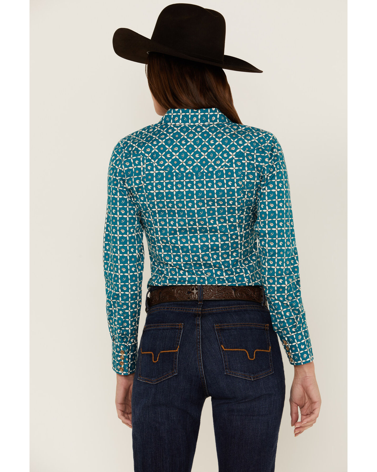 Rank 45 Women's Teal Western Tile Print Riding Shirt Boot Barn