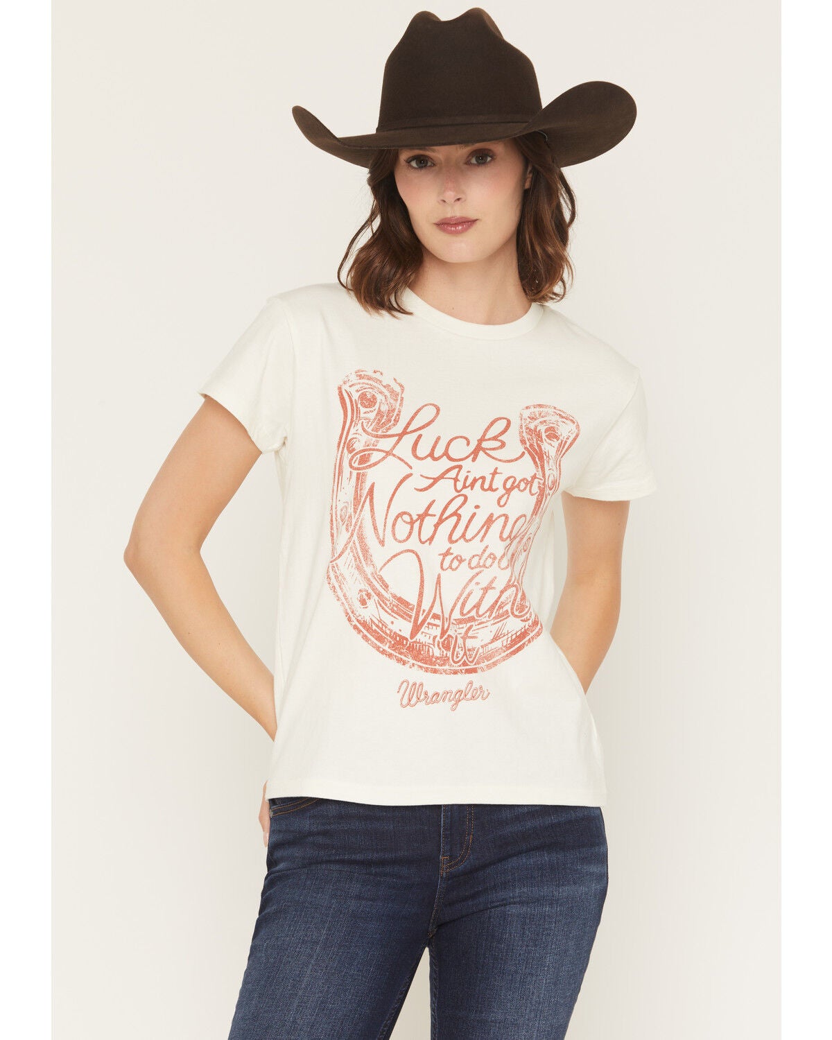 Wrangler Women's Luck Ain't Got Noting To Do With It Short Sleeve Graphic Tee, White, hi-res