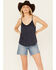 Image #1 - Shyanne Women's Crochet Trim Faux Suede Cami, Indigo, hi-res