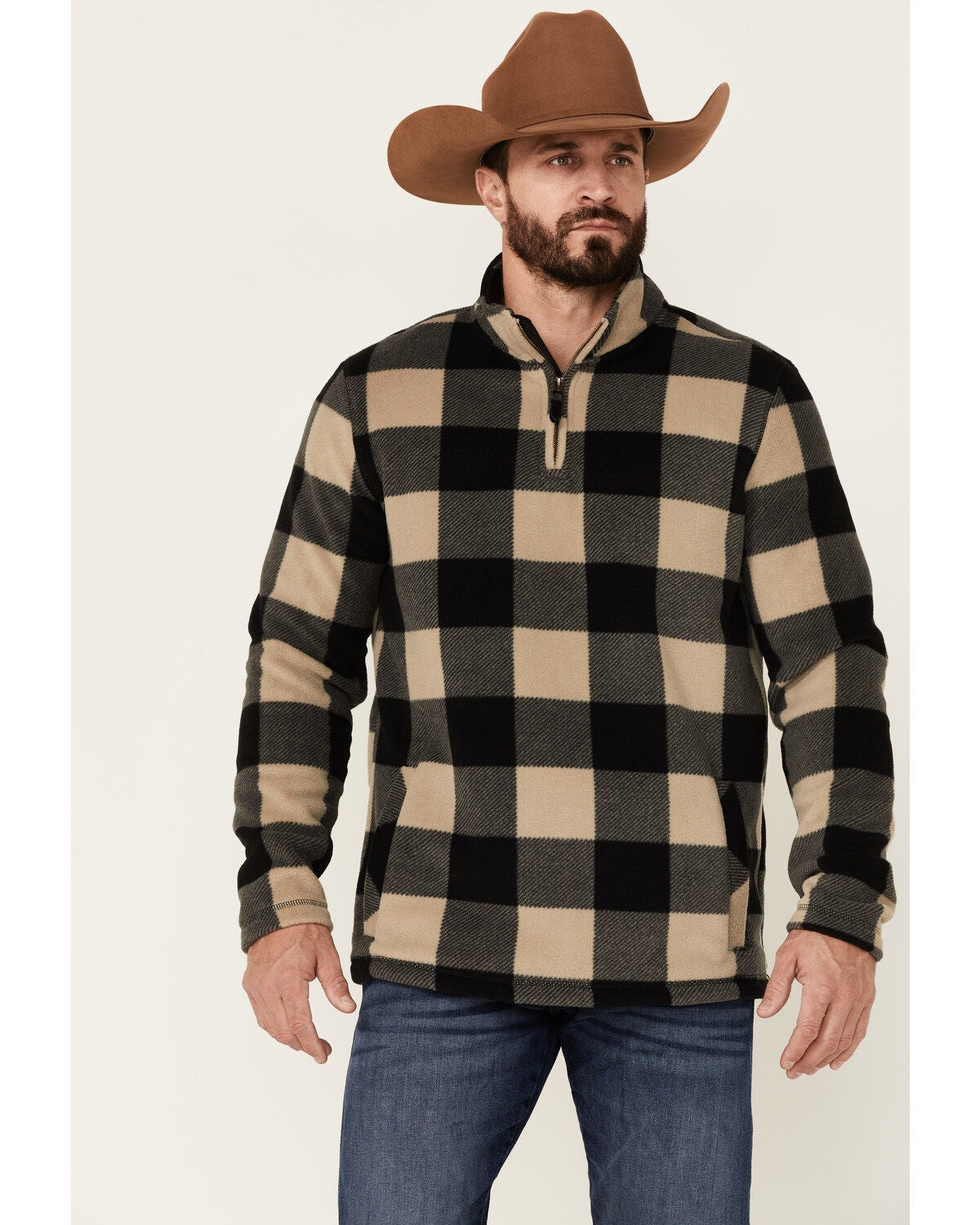 Image #1 - Cody James Men's Lumber Jack Buffalo Check Polar Fleece 1/4 Zip Pullover - Tan, , hi-res