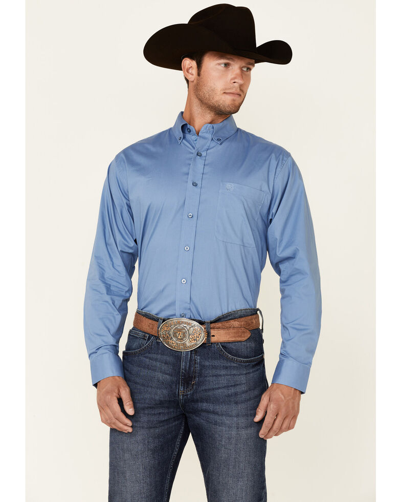Panhandle Select Men's Solid Blue Poplin Long Sleeve Button-Down Western Shirt , Blue, hi-res