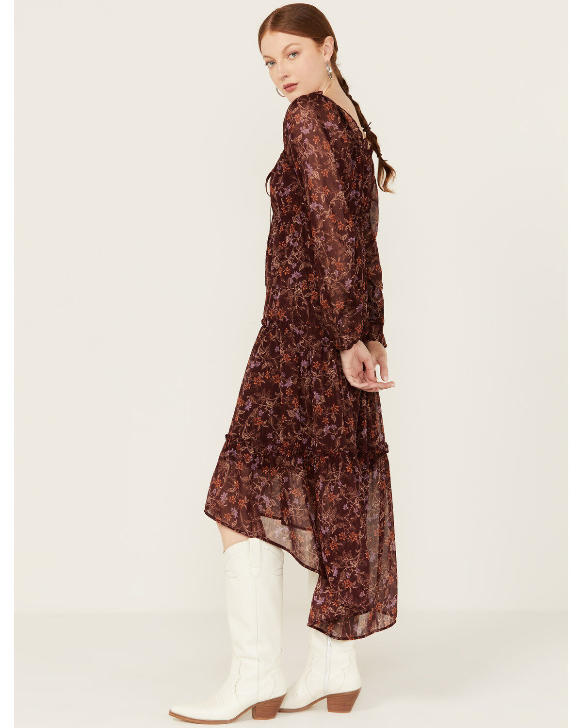 Image #2 - Wild Moss Women's Floral Print Long Sleeve Mini Dress, Burgundy, hi-res