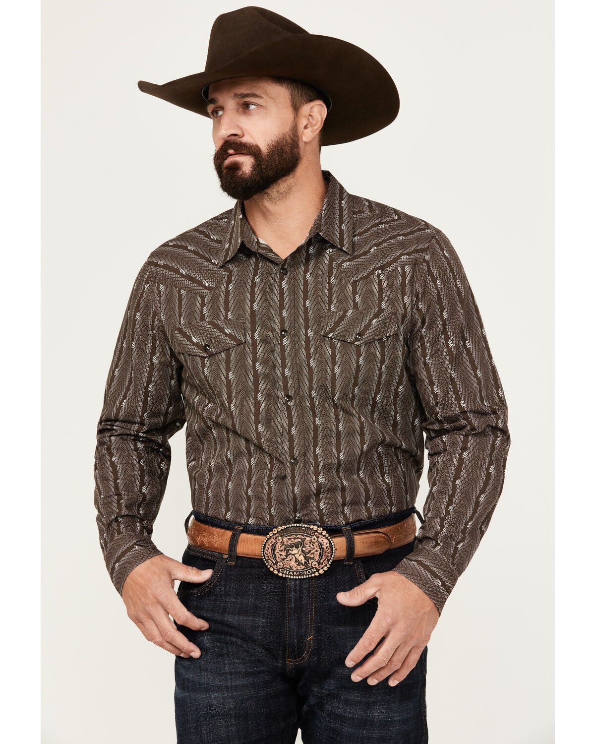 Gibson Trading Co Men's Bow Striped Print Long Sleeve Snap Western Shirt, Burgundy, hi-res