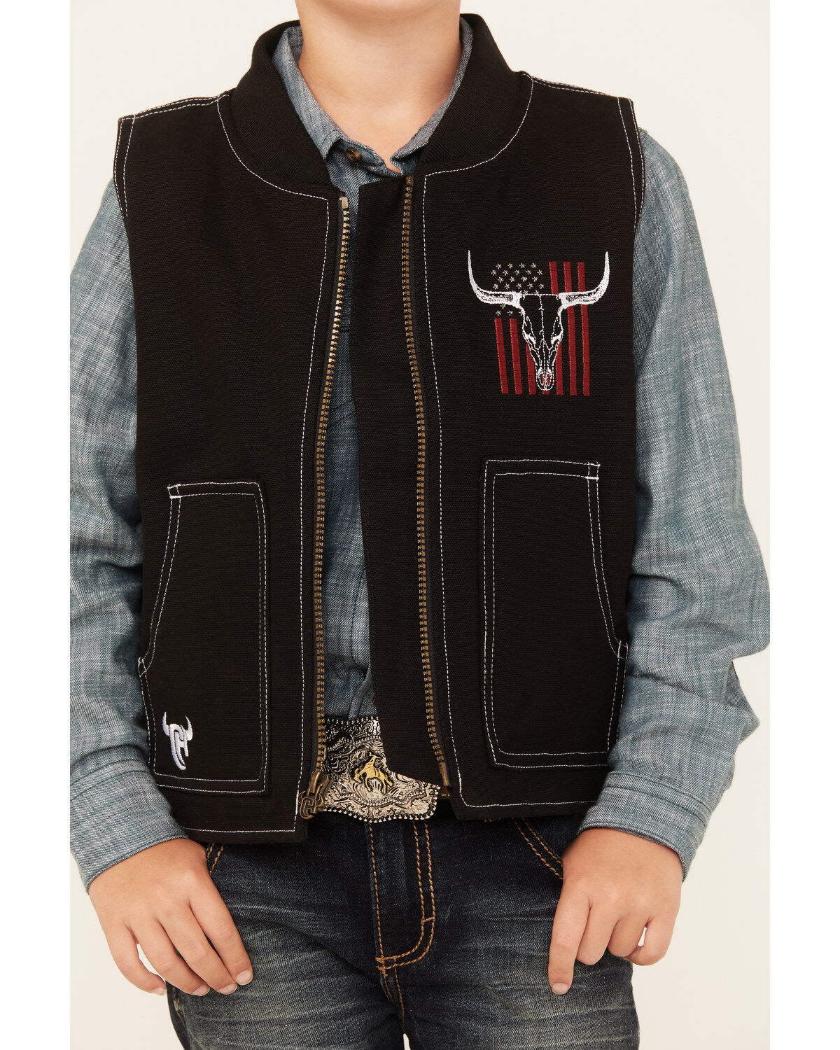 Image #3 - Cowboy Hardware Boys' Flag Skull Canvas Vest, Black, hi-res