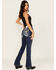 Image #1 - Miss Me Women's Dark Wash Mid Rise Steer Head Pocket 32" Bootcut Stretch Denim Jeans, Dark Wash, hi-res
