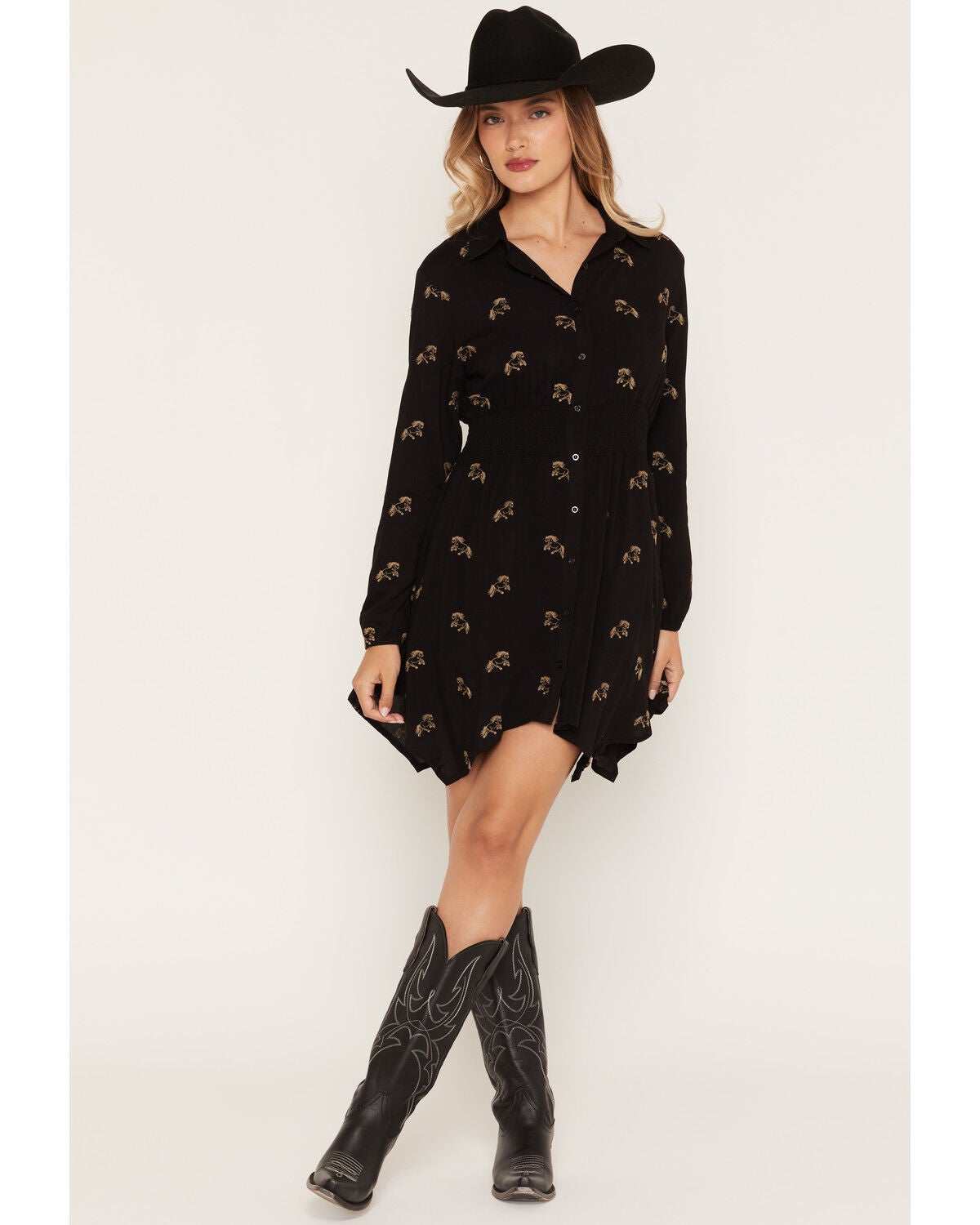 Image #1 - Rosabelle Honey Women's Horse Embroidered Long Sleeve Button-Down Mini Dress, Black, hi-res