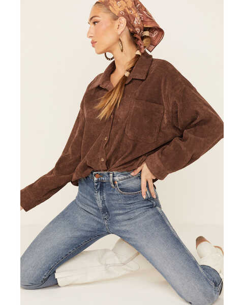Wishlist Women's Oversized Long Sleeve Button-Down Western Shirt , Chocolate, hi-res