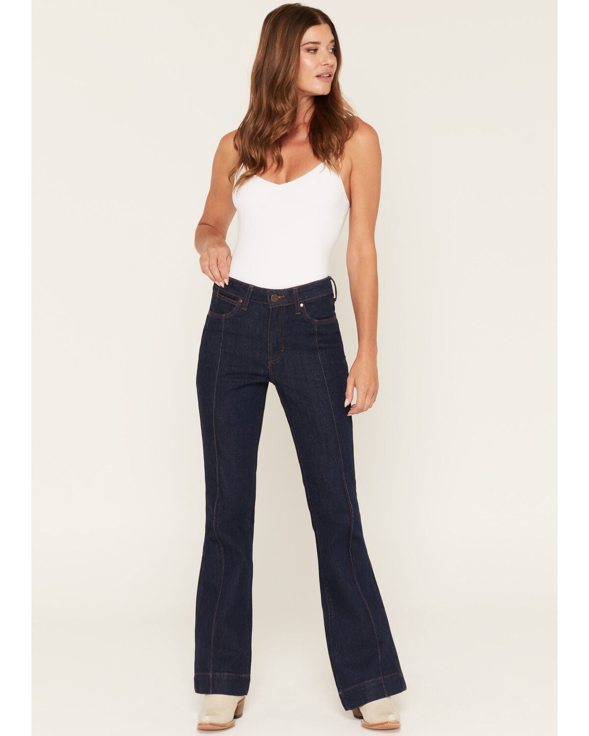 Image #1 - Wrangler Retro Women's Dark Wash Bailey High Rise Pintuck Trouser Stretch Denim Jeans, Dark Wash, hi-res
