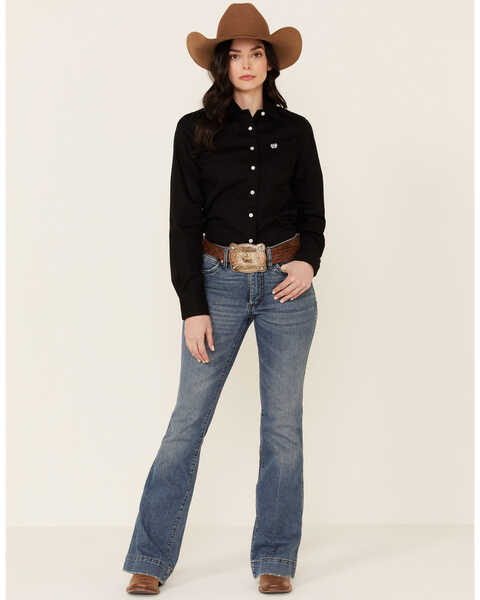 Image #2 - Cinch Women's Western Weave Pocket Shirt, Black, hi-res