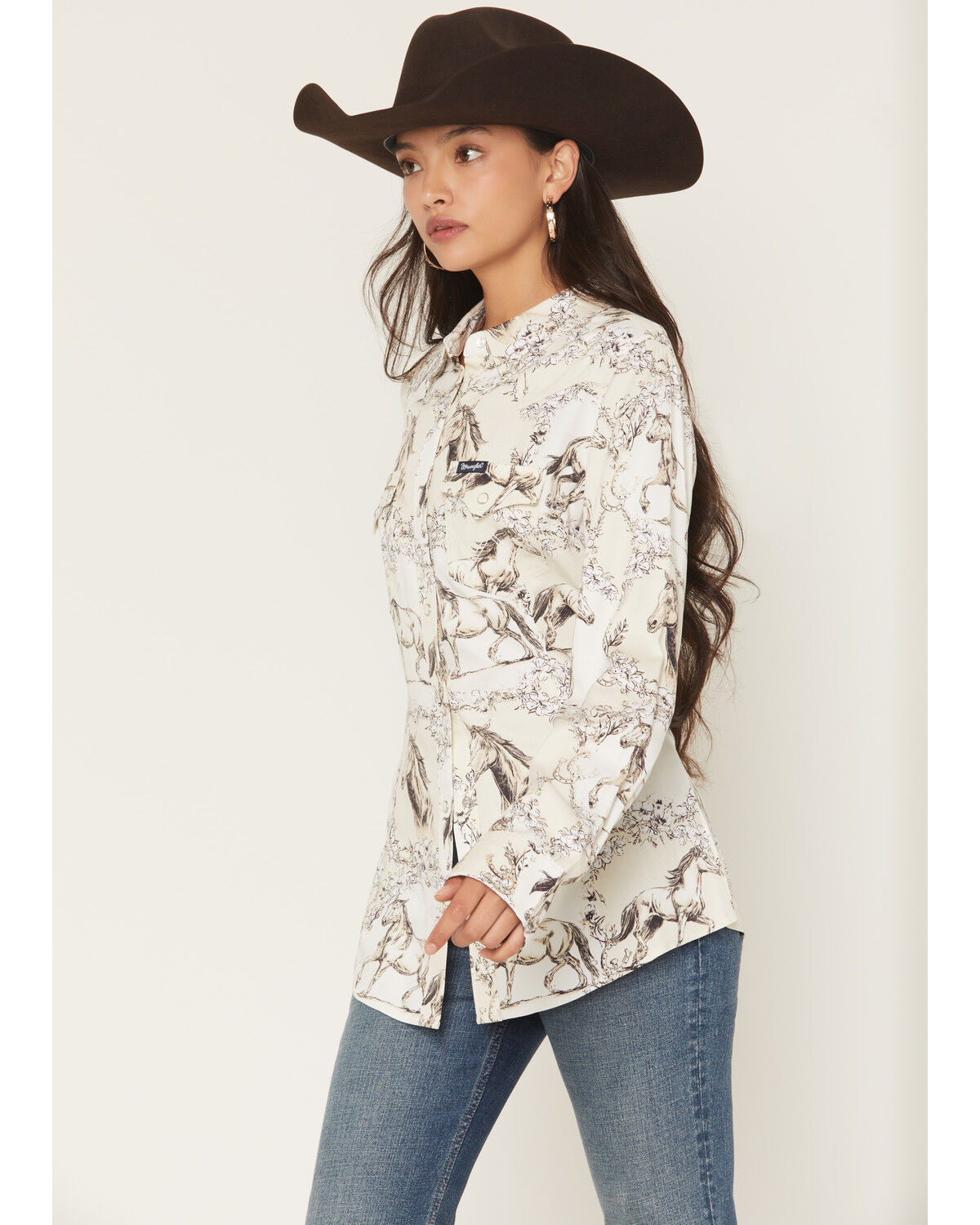Image #2 - Wrangler Retro Women's Floral Horse Conversational Print Long Sleeve Snap Western Shirt, Cream, hi-res