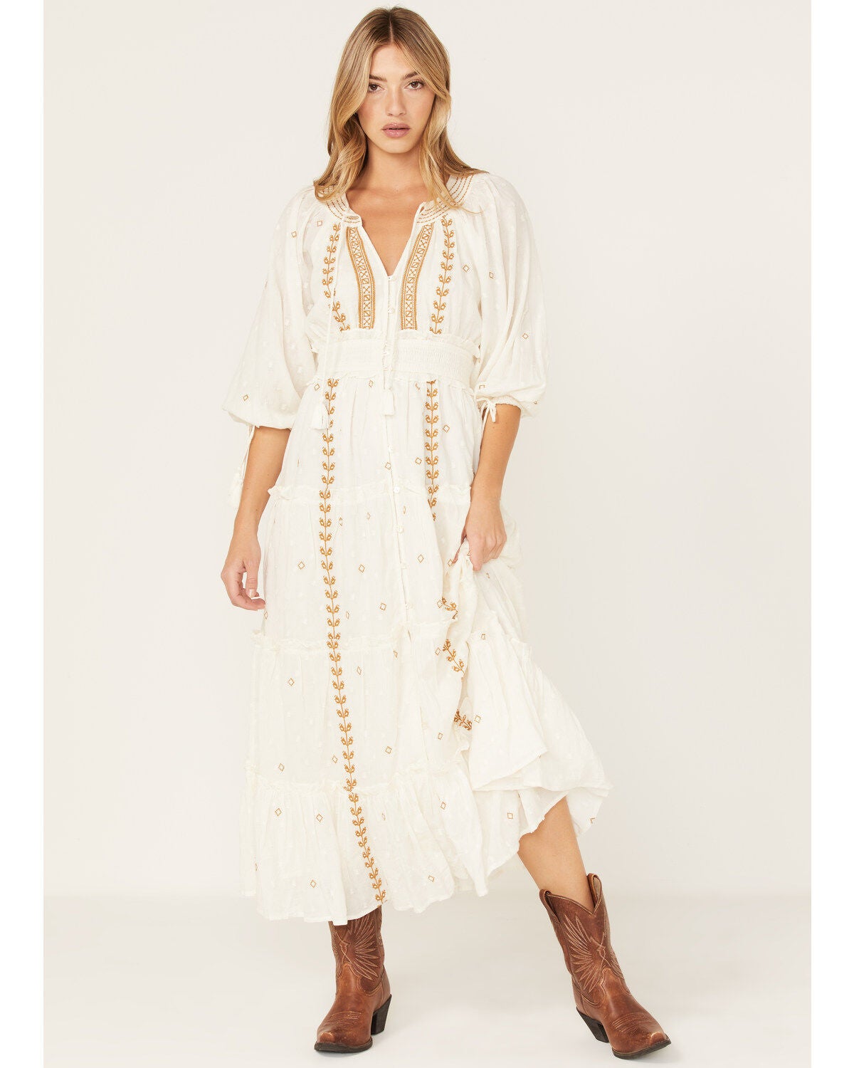 Cleo Bella Women's Naya Embroidered Ruffle Midi Dress