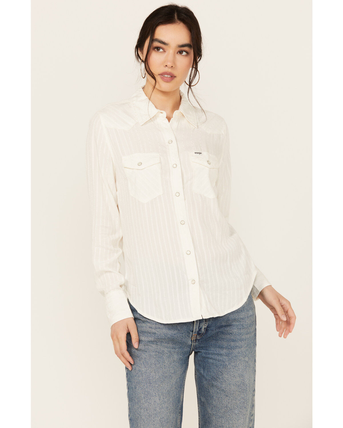 Image #1 - Wrangler Women's Modern Striped Long Sleeve Pearl Snap Western Shirt, Off White, hi-res