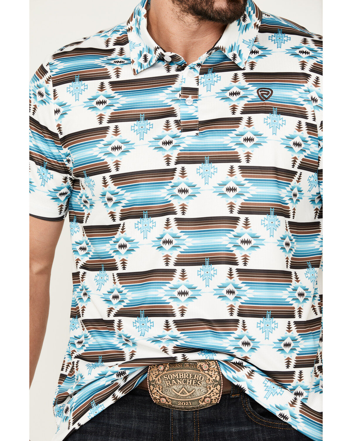 Image #3 - Rock & Roll Denim Men's Boot Barn Exclusive Southwestern Print Short Sleeve Polo Shirt, White, hi-res