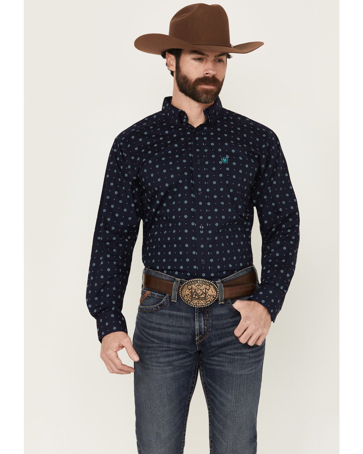 Ariat Men's Jacobi Geo Print Long Sleeve Button-Down Western Shirt - Big, Navy, hi-res