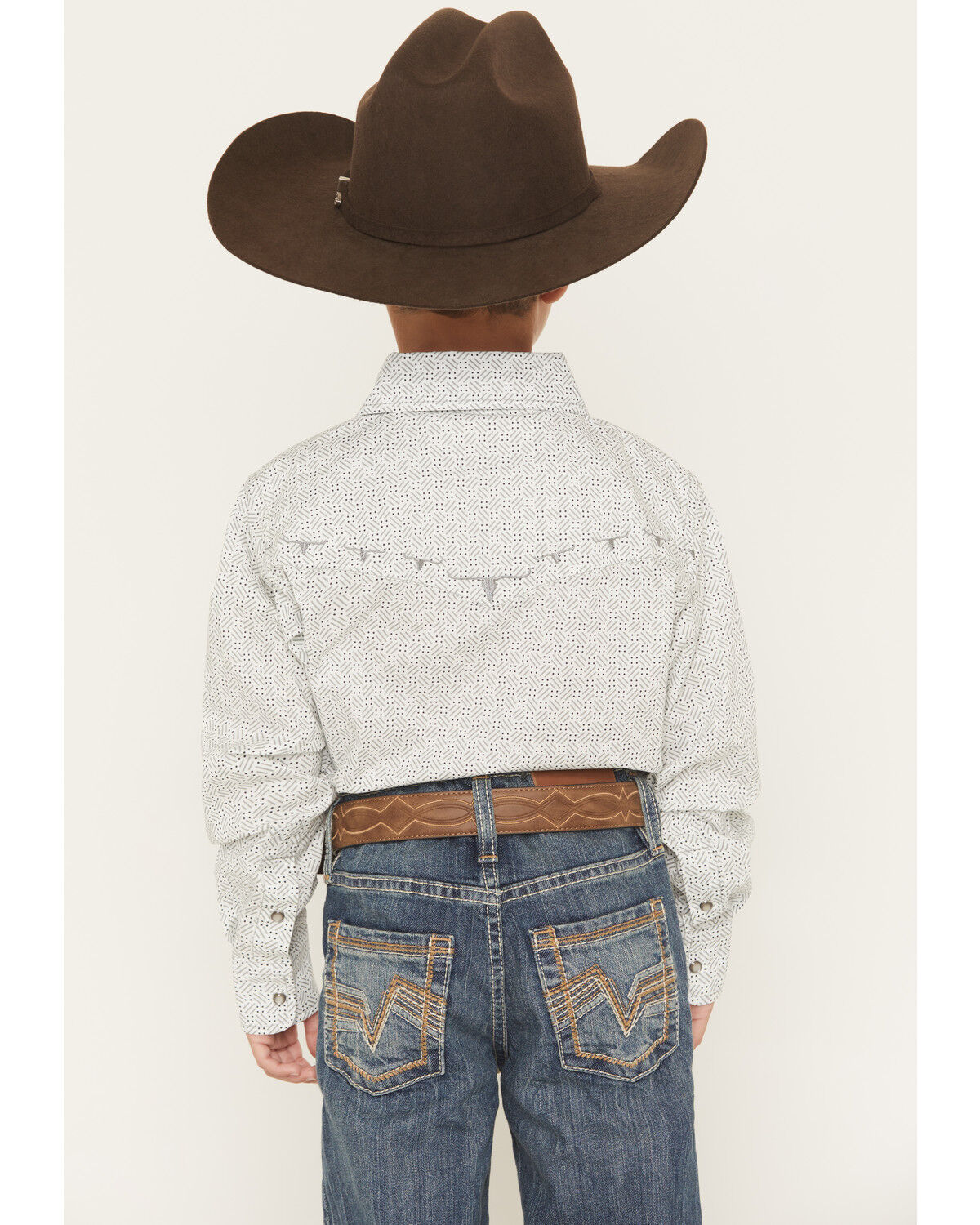 Image #4 - Cowboy Hardware Boys' Geo Print Long Sleeve Pearl Snap Stretch Western Shirt, White, hi-res