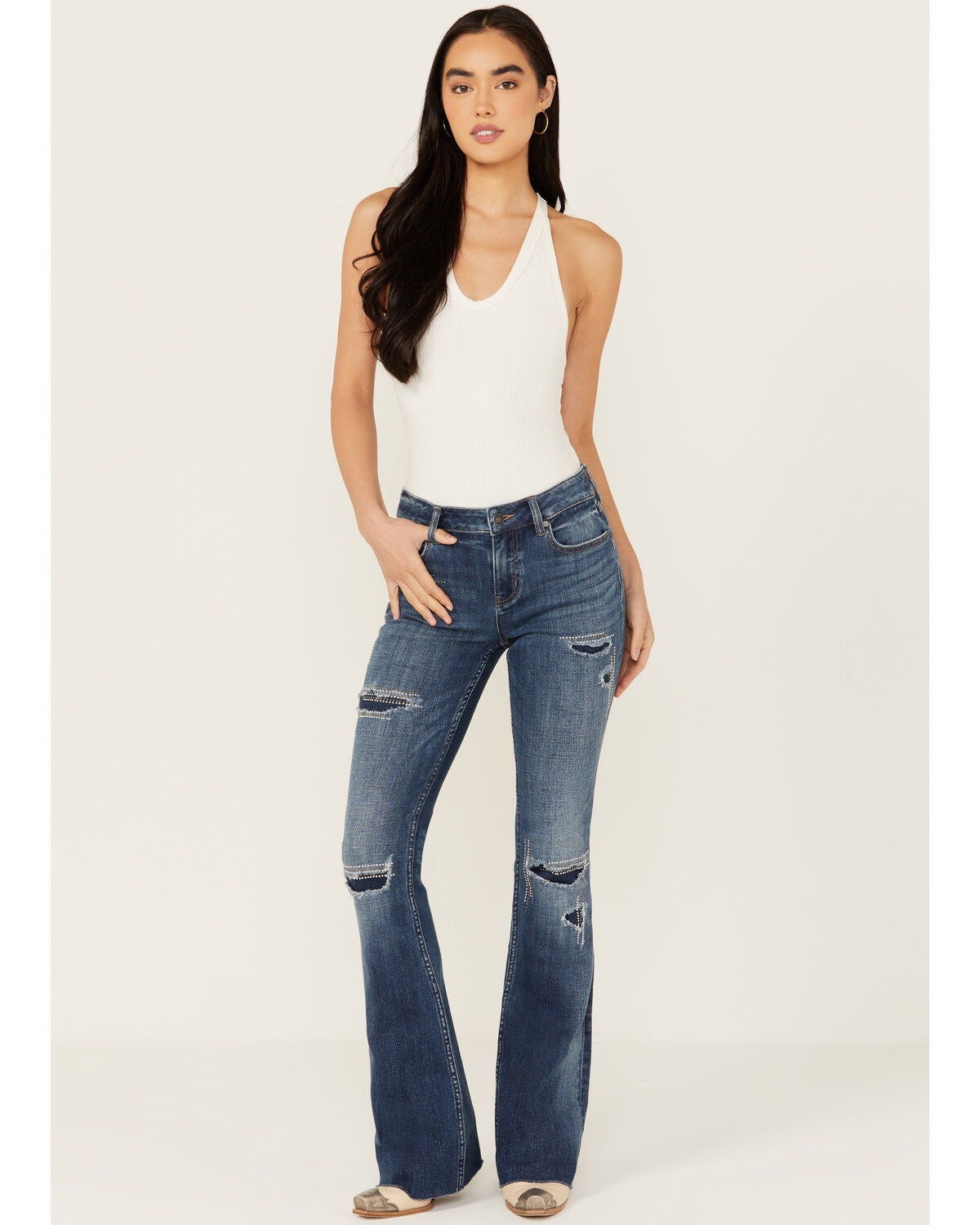 Shyanne Women's Delaney Dark Wash Mid Rise Rebel Embellished Bootcut Jeans, Dark Wash, hi-res