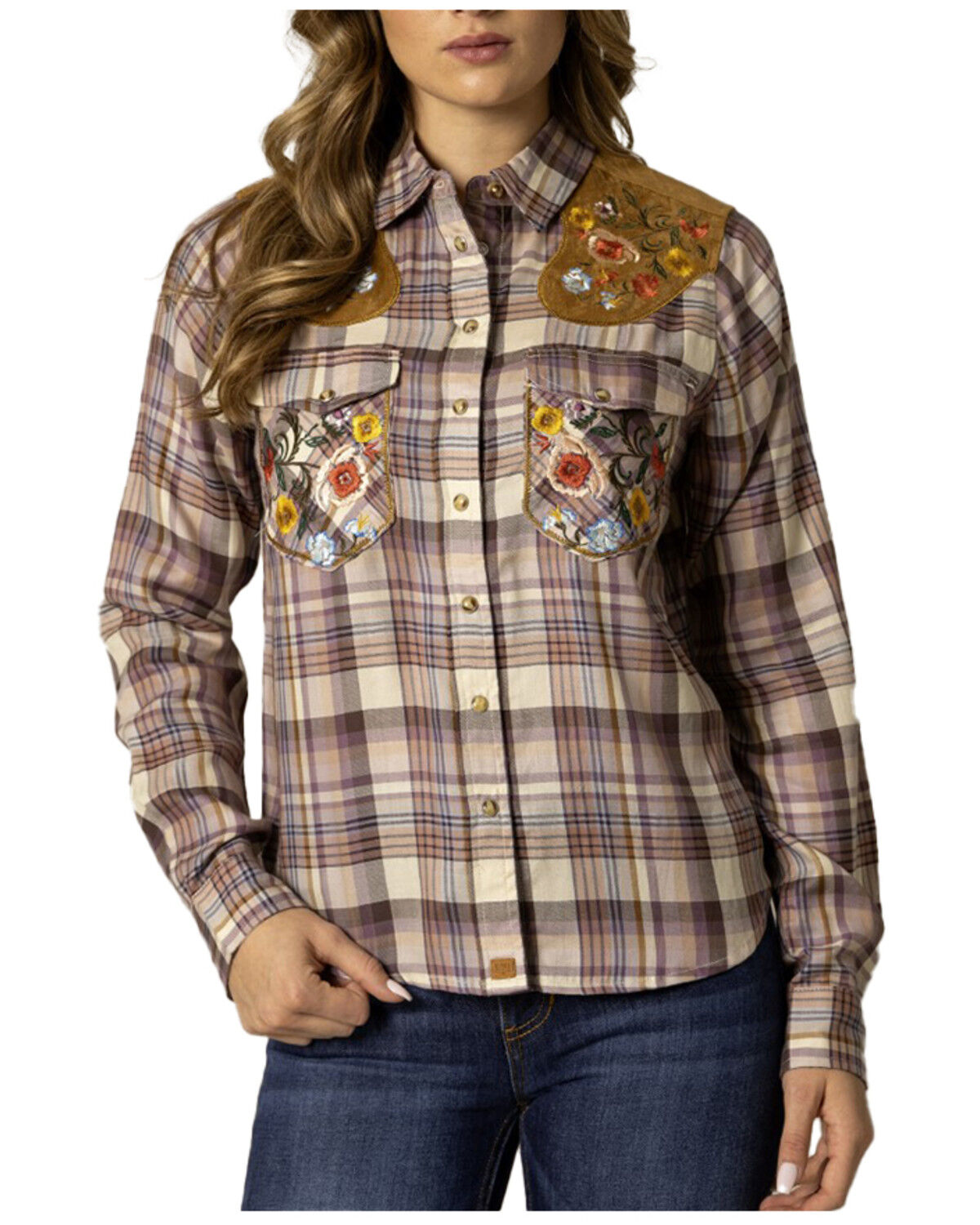 Image #1 - Kimes Ranch Women's Bailey Floral Embroidered Plaid Print Long Sleeve Snap Western Shirt, Brown, hi-res