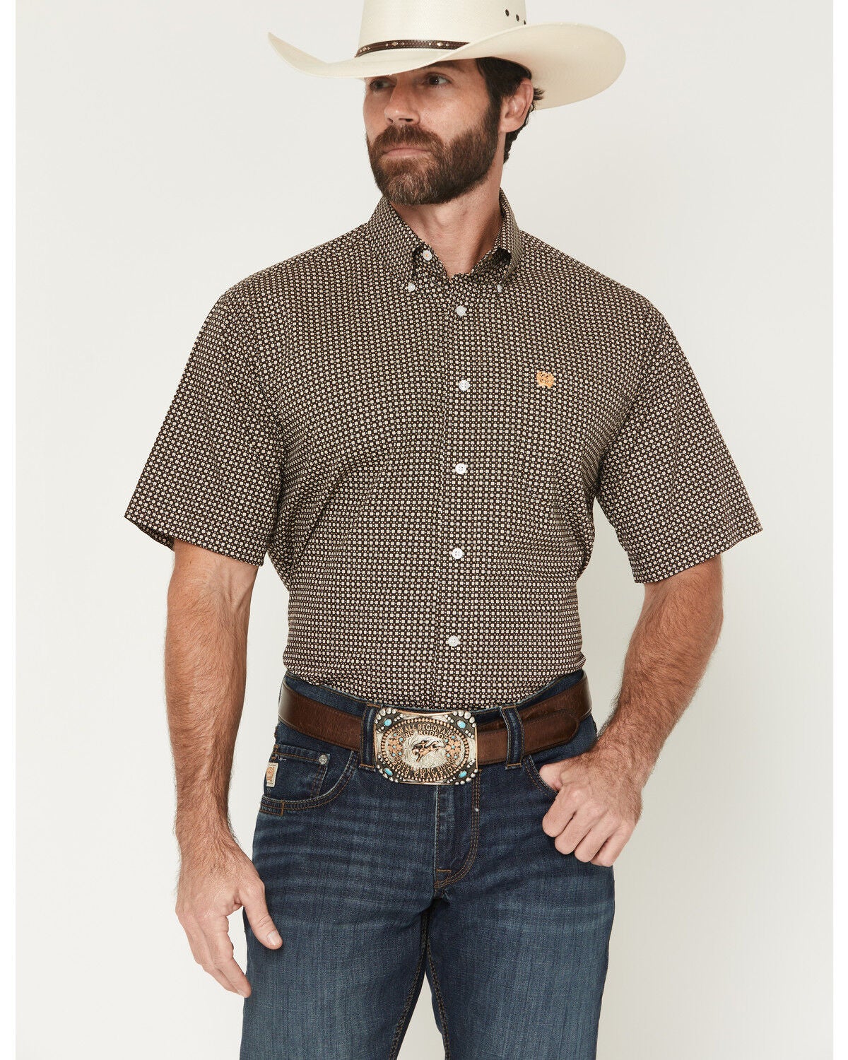 Image #1 - Cinch Men's Geo Print Short Sleeve Button-Down Western Shirt, Brown, hi-res