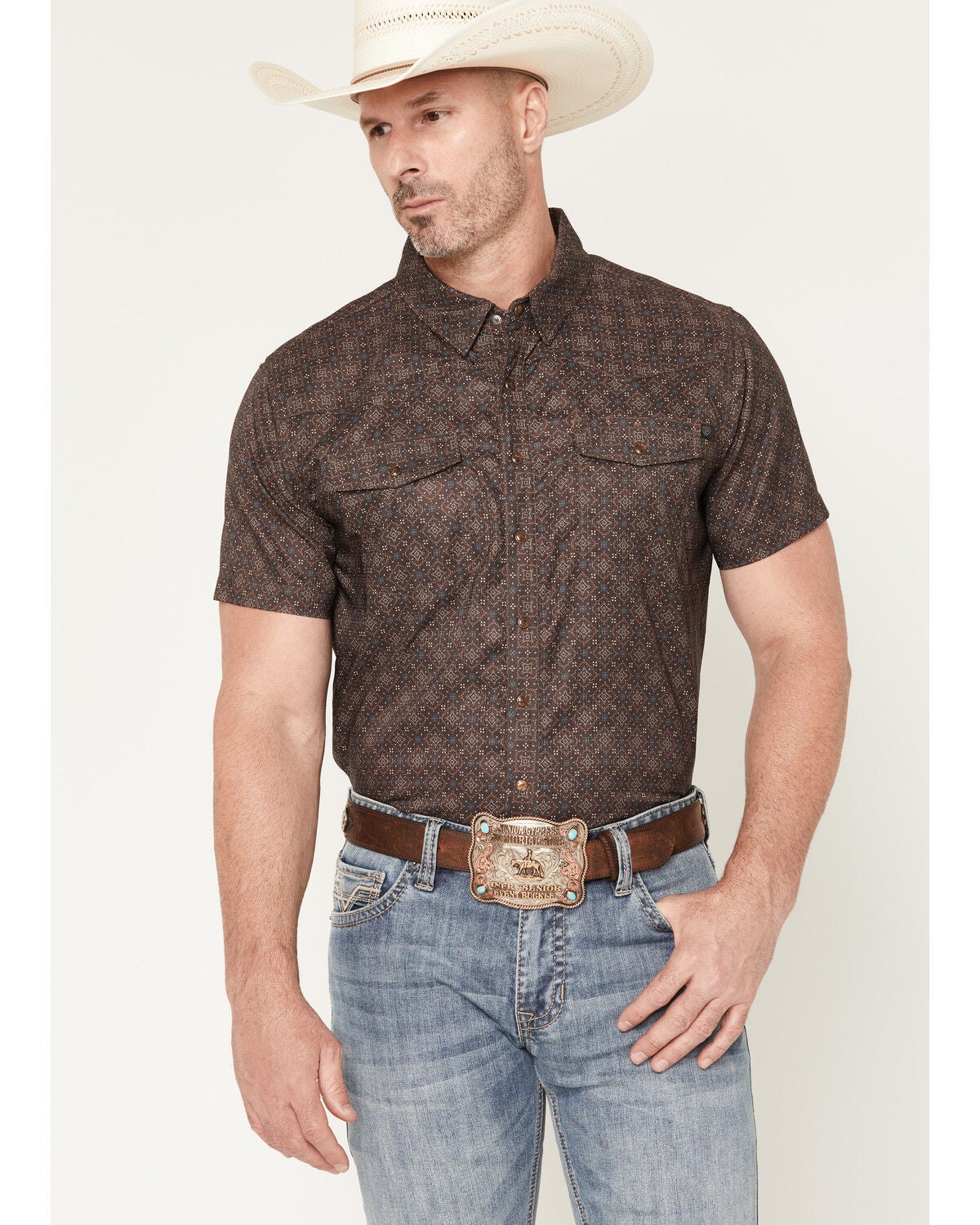 Image #1 - Rock & Roll Denim Men's TEK Medallion Print Short Sleeve Button-Down Performance Stretch Western Shirt, Dark Brown, hi-res