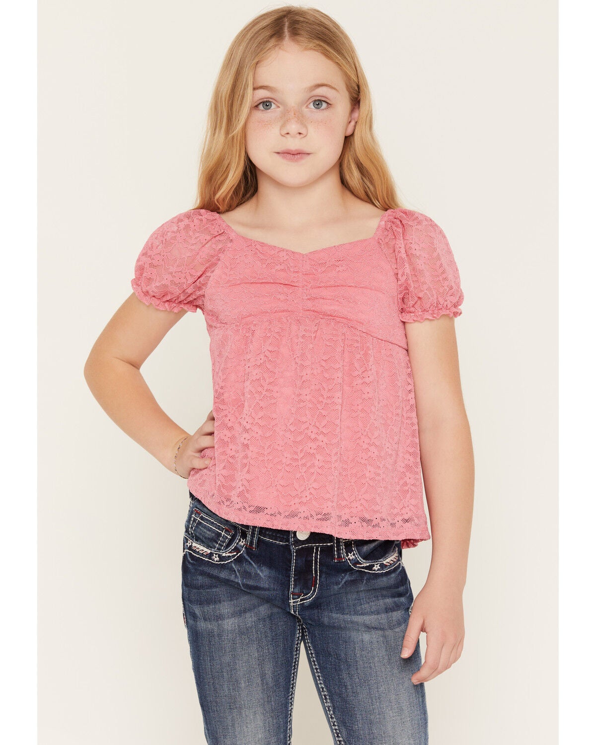 Image #1 - Sugar California Girls' Lace Short Puff Sleeve Shirt, Pink, hi-res