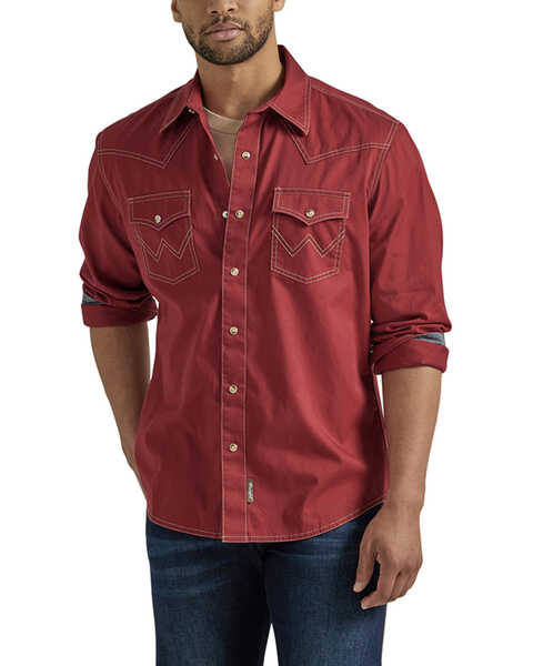 Wrangler Retro Men's Premium Solid Long Sleeve Snap Western Shirt , Dark Red, hi-res